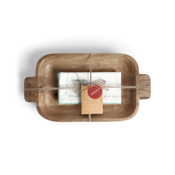 Wooden Christmas Bread Basket with White Tea Towel Kirklands Home