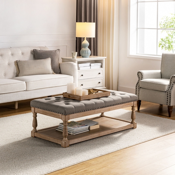 Tufted Rectangle Wood Ottoman