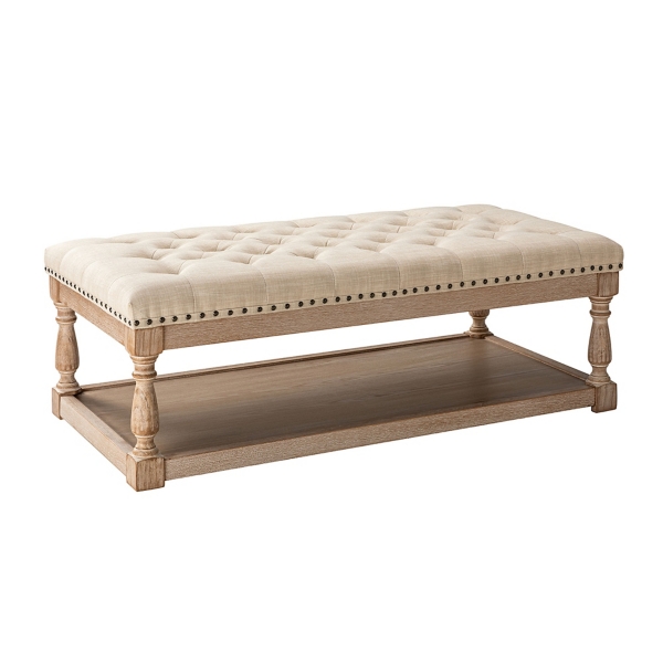 Beige Tufted Rectangle Wood Ottoman