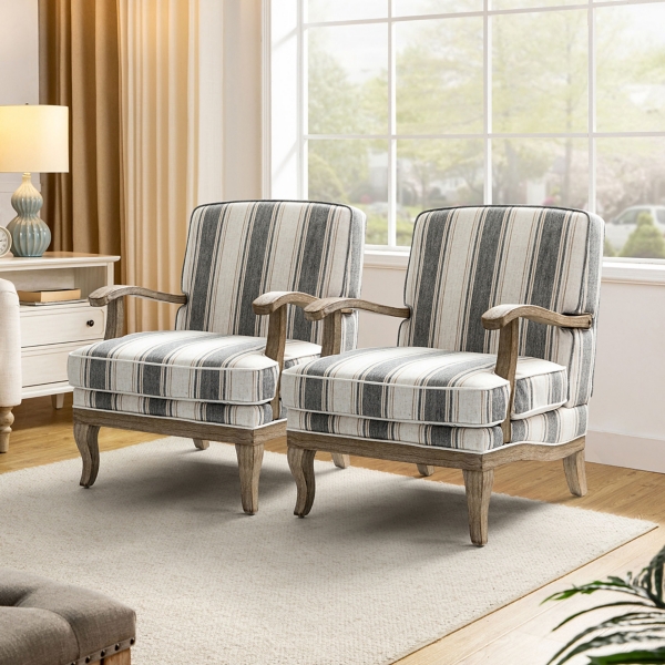Farmhouse Gray & Brown Striped Armchairs, Set of 2