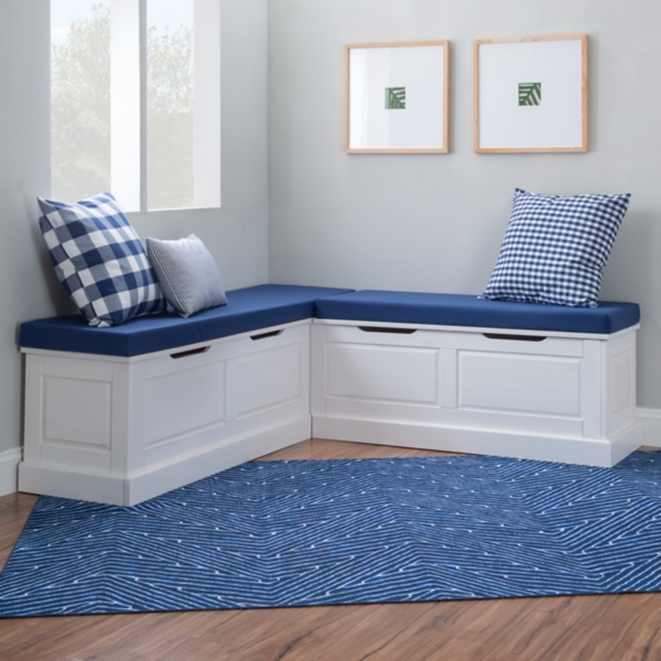 White Corner Bench with Blue Cushions Kirklands Home