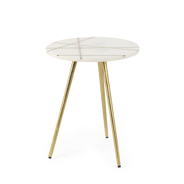 Short Round White Marble and Gold Side Table