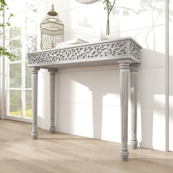 Gray Carved Wood Console Table