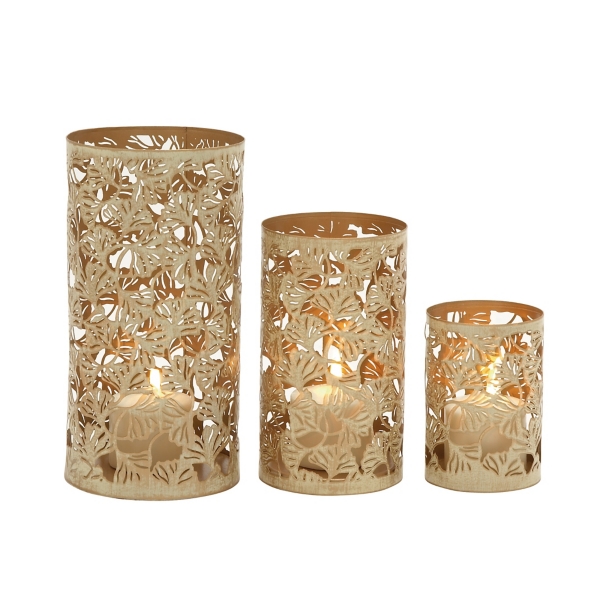 Gold Metal Leaf Patterned Candle Holders, Set of 3