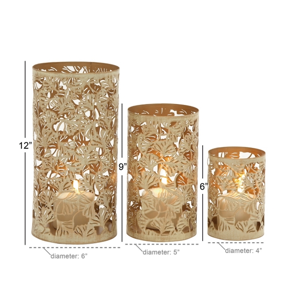 Gold Metal Leaf Patterned Candle Holders, Set of 3