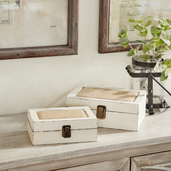 White Distressed Burlap Wooden Boxes, Set of 2