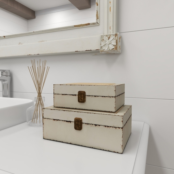 White Distressed Burlap Wooden Boxes, Set of 2