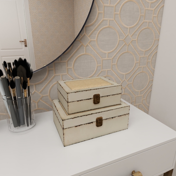 White Distressed Burlap Wooden Boxes, Set of 2
