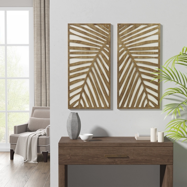 Brown Wood Birch Palms Wall Plaques, Set of 2