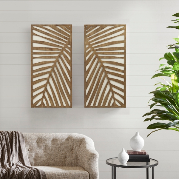 Brown Wood Birch Palms Wall Plaques, Set of 2