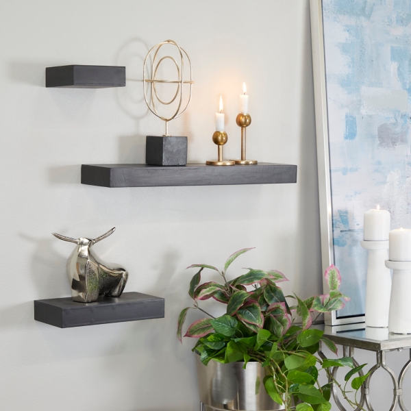 Black Wood Floating Shelves, Set of 3