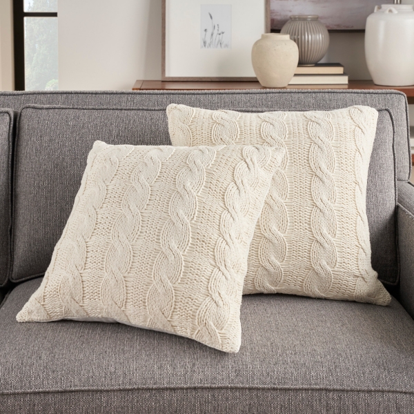 White Woven Cable Knit Pillow, Set of 2