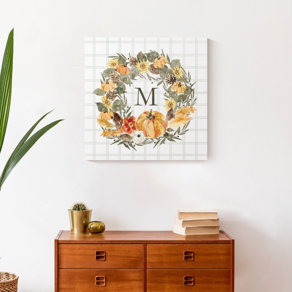 Personalized Check Wreath Monogram Canvas Print