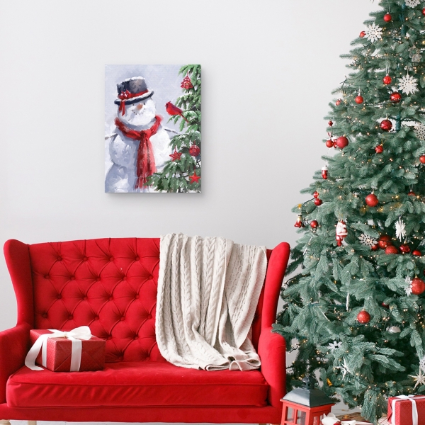Snowman and Cardinal Canvas Art Print