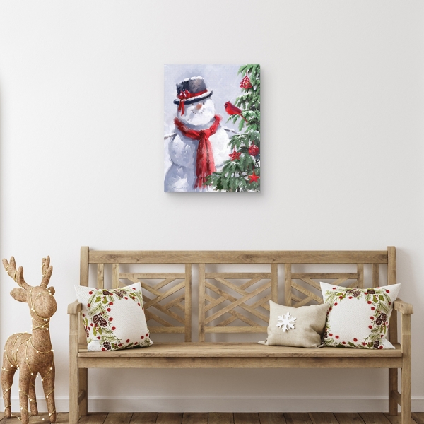 Snowman and Cardinal Canvas Art Print
