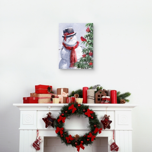 Snowman and Cardinal Canvas Art Print