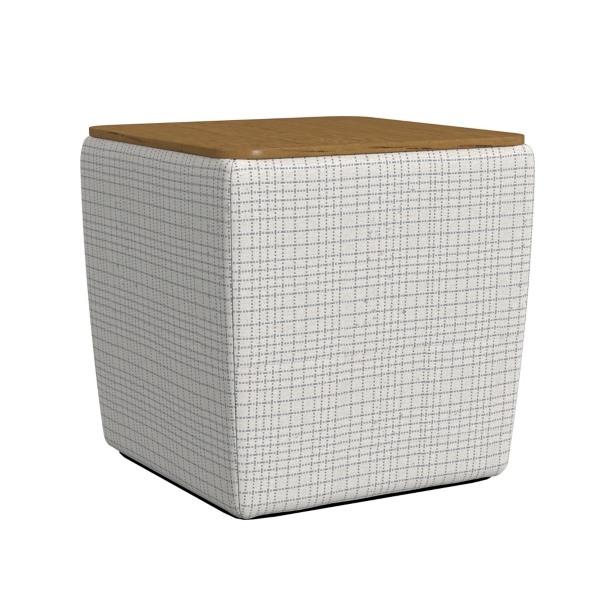 Cream Grid Upholstered Ottoman with Wood Lid