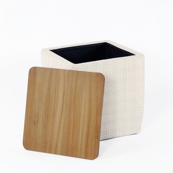 Cream Grid Upholstered Ottoman with Wood Lid