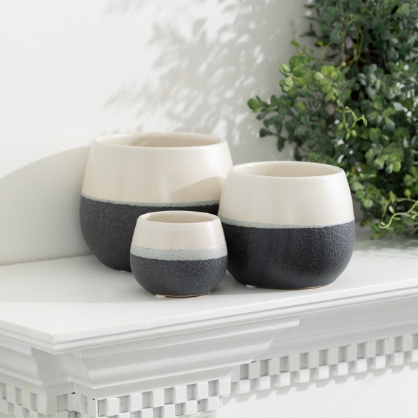 Black and White Ceramic Planters, Set of 3
