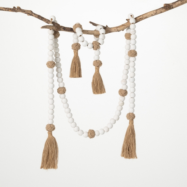 White Wood and Jute Beaded Garlands, Set of 2