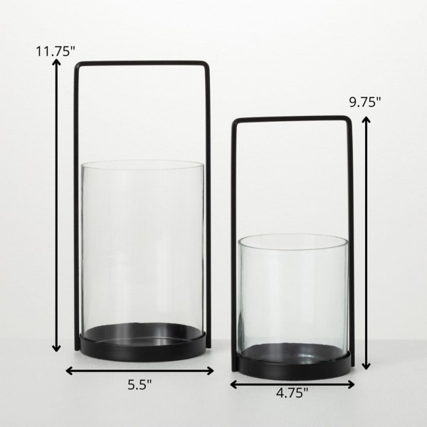 Modern Slim Black Glass Lanterns, Set of 2