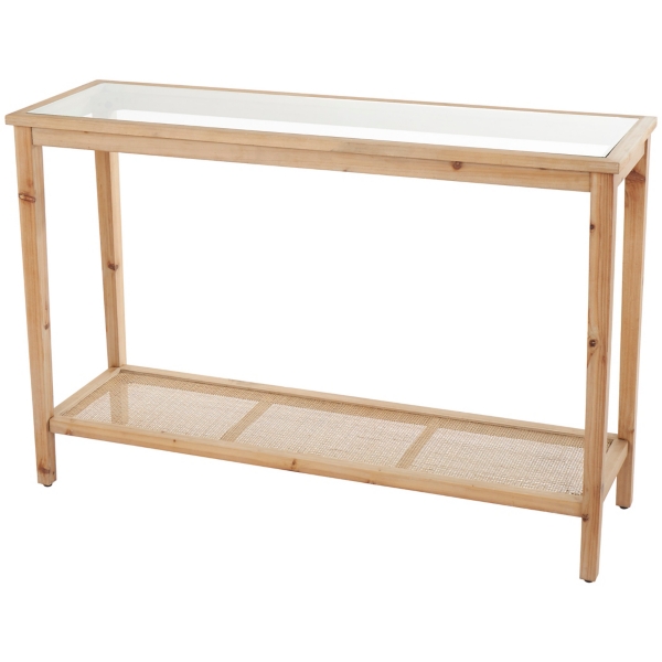 Wood Glass Top Console Table with Rattan Shelf