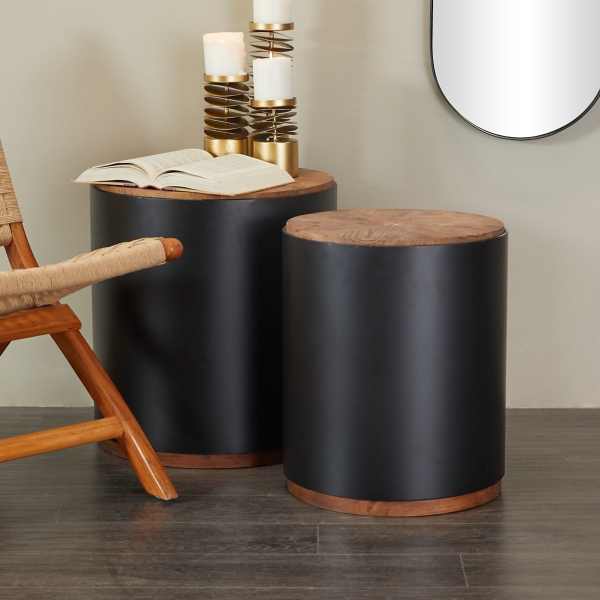 Round Metal and Wood Accent Tables, Set of 2