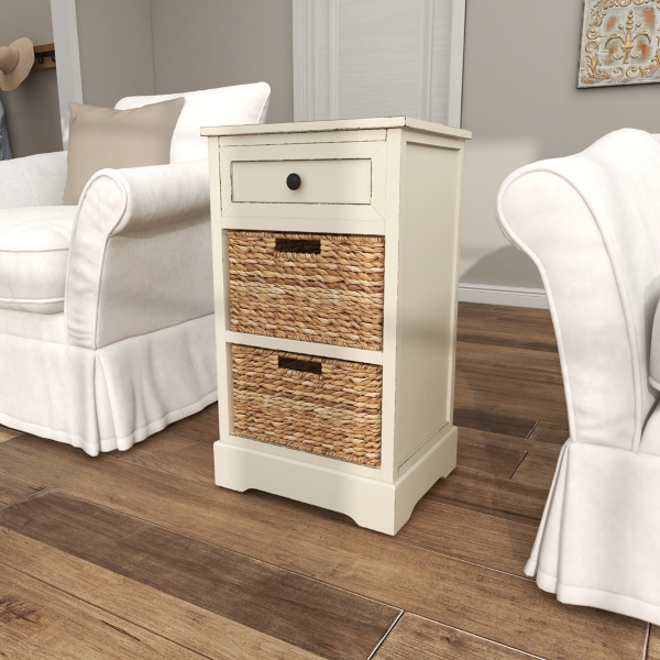 Cream Wood Side Table with Woven Baskets