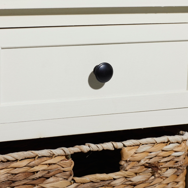 Cream Wood Side Table with Woven Baskets