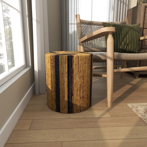 Handmade Round Banana Leaf Striped Accent Table