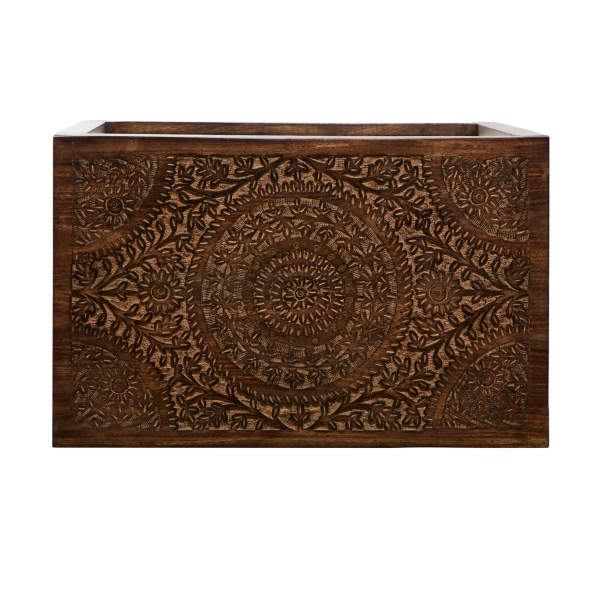 Brown Wood Carved Floral Nesting Tables, Set of 2