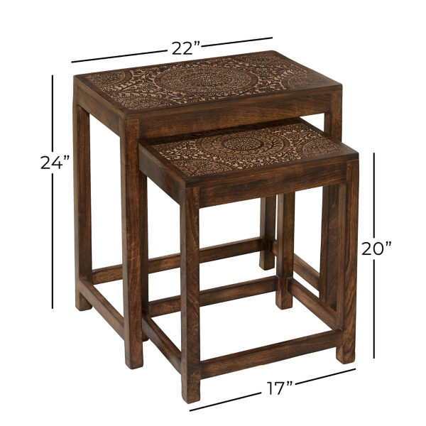 Brown Wood Carved Floral Nesting Tables, Set of 2