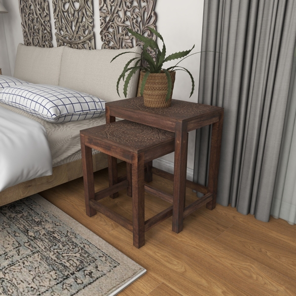 Brown Wood Carved Floral Nesting Tables, Set of 2