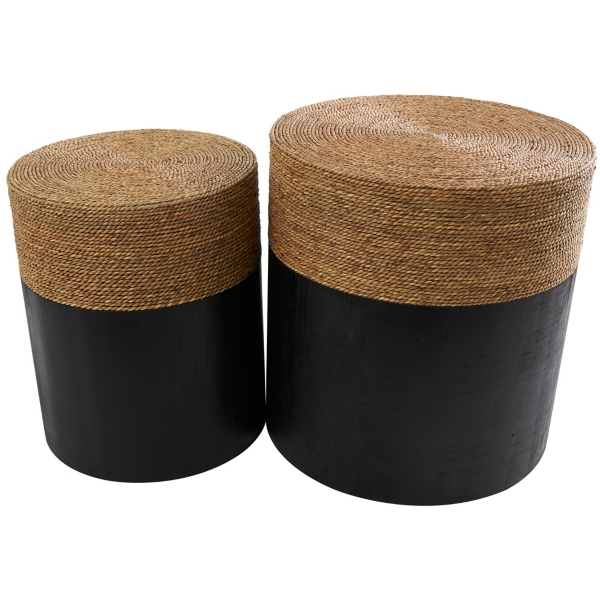 Black Wood Wrapped Rope Accent Tables, Set of 2