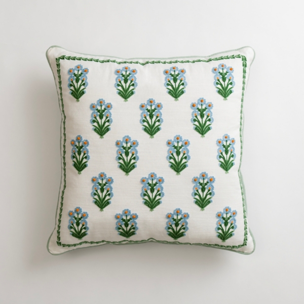 Blue Embroidered Floret Pillow