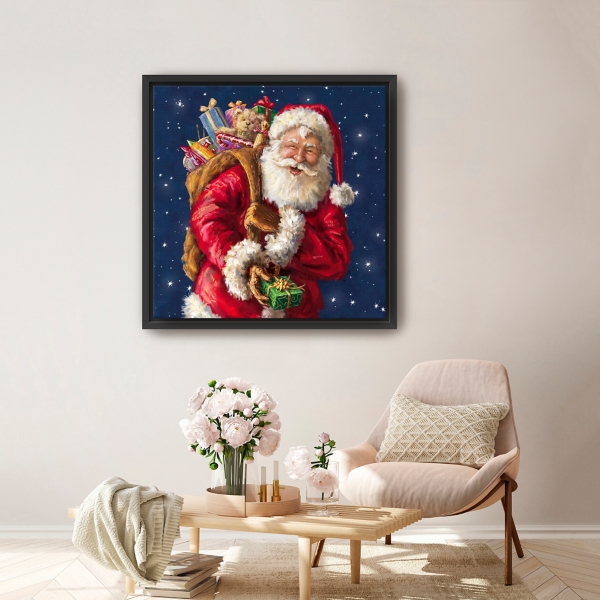 Smiling Santa with Gifts Framed Canvas Art Print