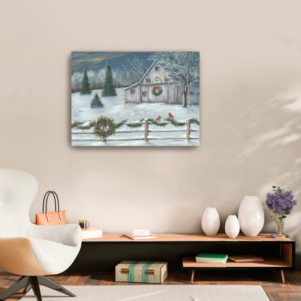 Winter Christmas Barn Canvas Art Print, 32x24 in.