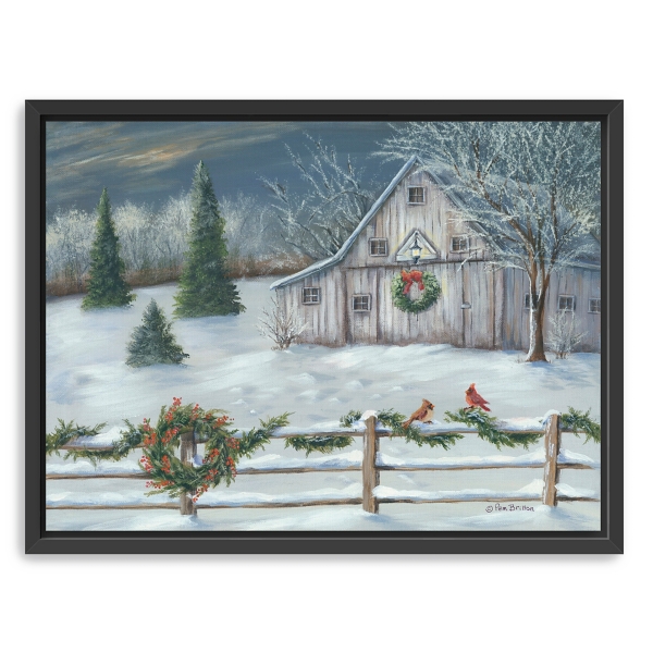 Winter Christmas Barn Framed Canvas Art Print