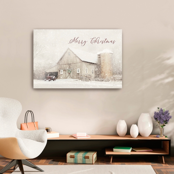 Merry Christmas Snowy Farm Canvas Art Print