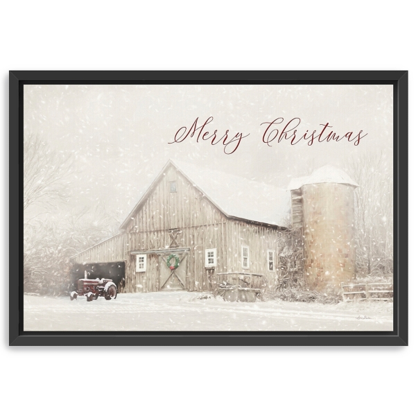 Merry Christmas Snowy Farm Framed Canvas Art Print