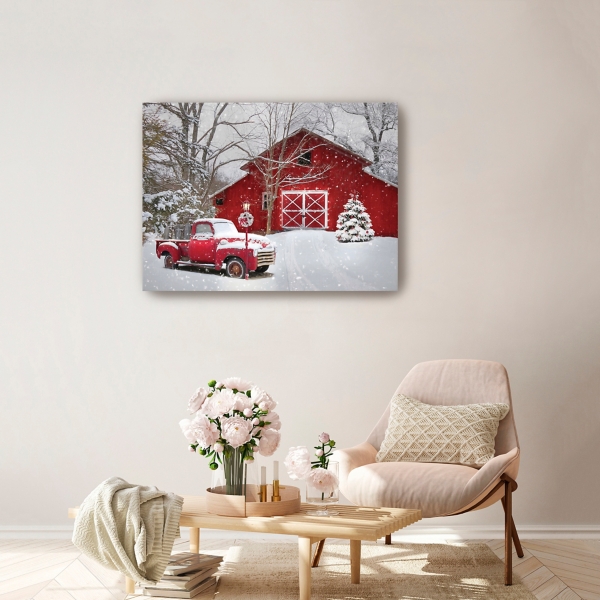 Red Barn in Winter Canvas Art Print, 24x32