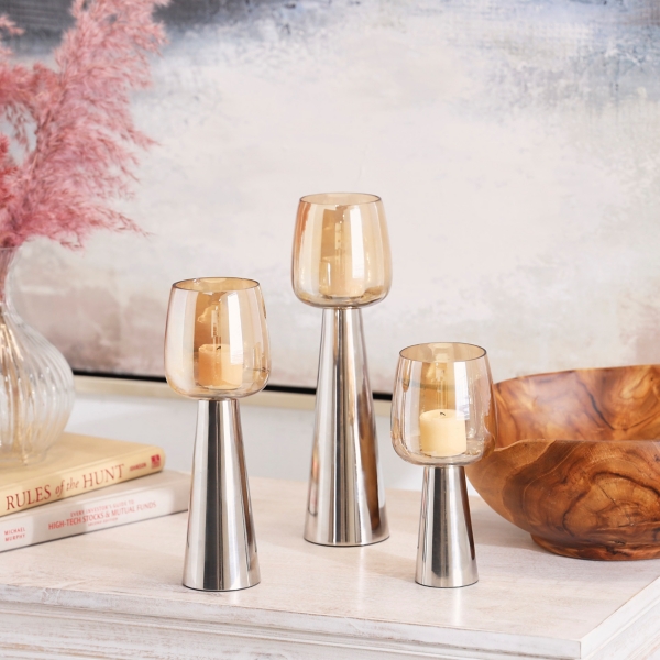 Modern Silver Base Glass 3-pc. Candle Holder Set | Kirklands Home