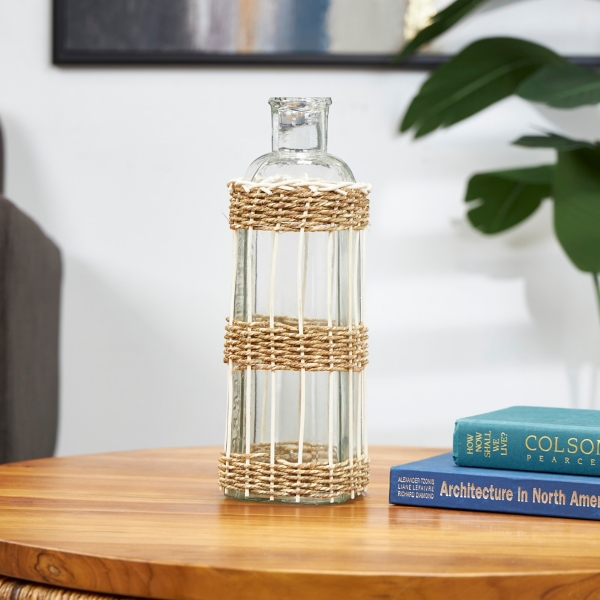 Handmade Glass and Rattan Woven Vase, 15 in.