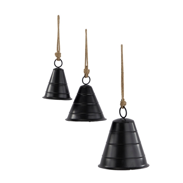 Black Flared Metal Hanging Bells, Set of 3