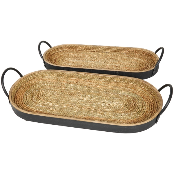 Woven Jute and Black Wood Trays, Set of 2