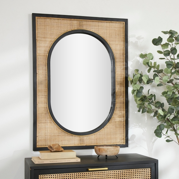 Kirklands Black and Natural Rattan Wall Mirror, 30x42 | Hamilton Place