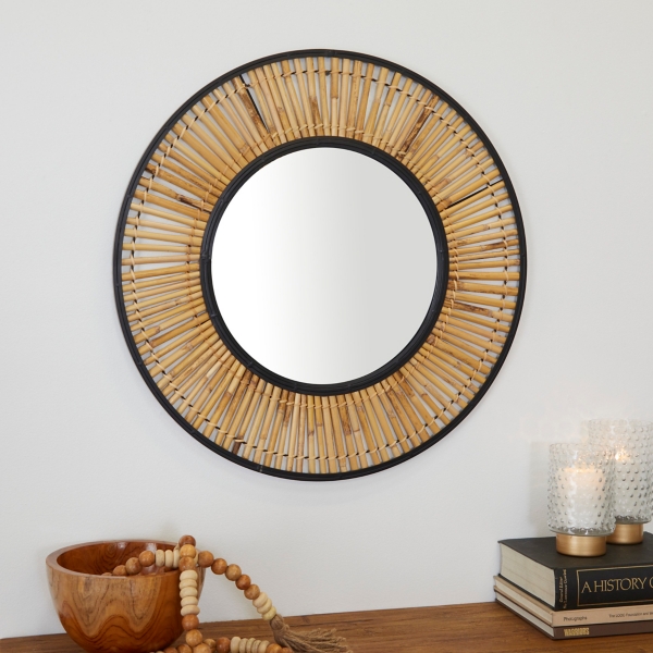 Natural Round Slatted Frame Wall Mirror