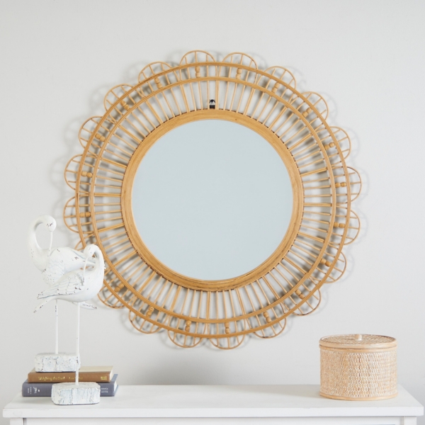 Bamboo Round Floral Frame Wall Mirror