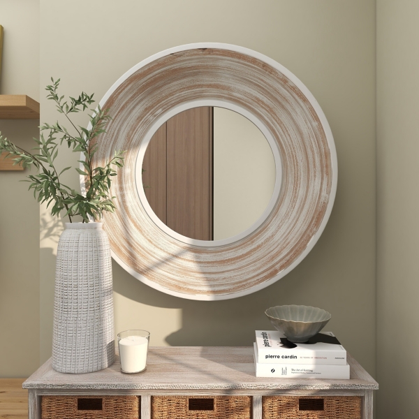 Distressed White Wood Round Frame Wall Mirror