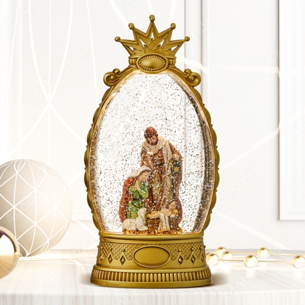 Pre-Lit Golden Crown Holy Family Snow Globe